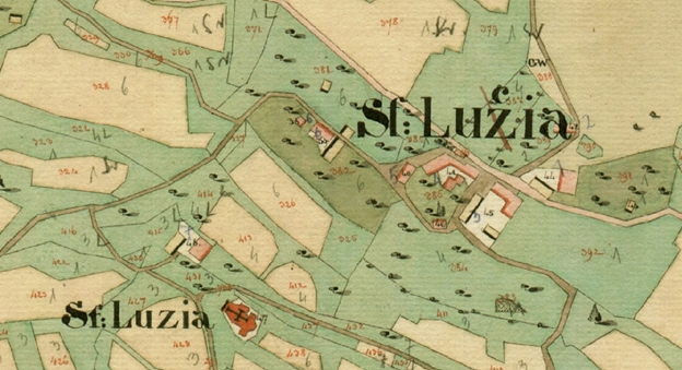 Zadnja vas (prej Sv. Lucija) na karti franc. katastra, 1826